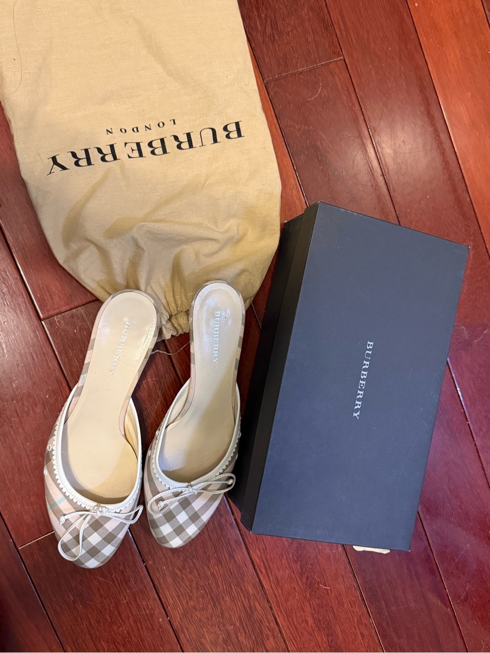 Burberry Beige Check Gingham Bow Mule Flats